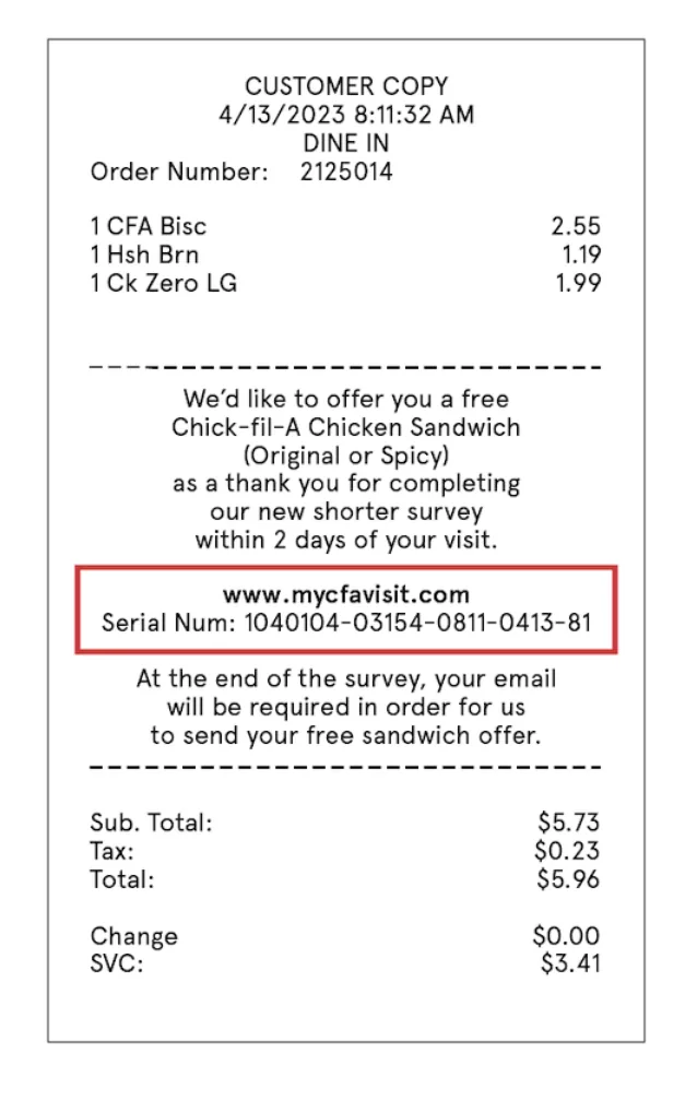 Chick-fil-A receipt with the survey invitation box showing www.mycfavisit.com and the serial number 1040104-03154-0811-0413-81 highlighted