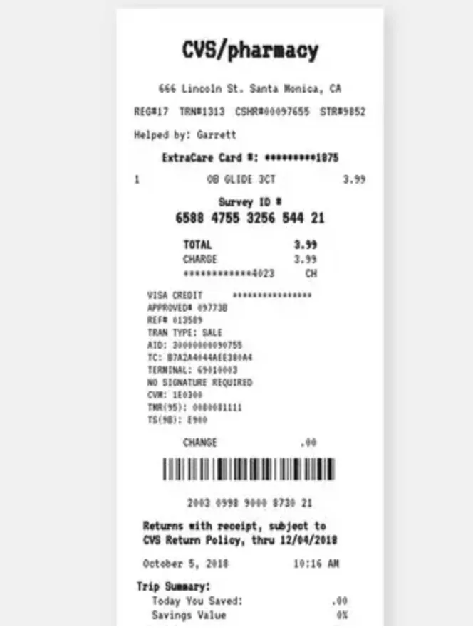Sample CVS pharmacy receipt with the Survey ID line printed above the total