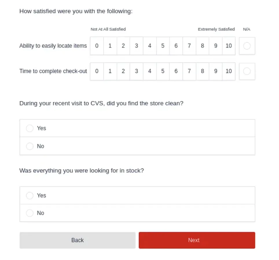 CVS survey questions with 0 to 10 satisfaction scales and yes-or-no questions
