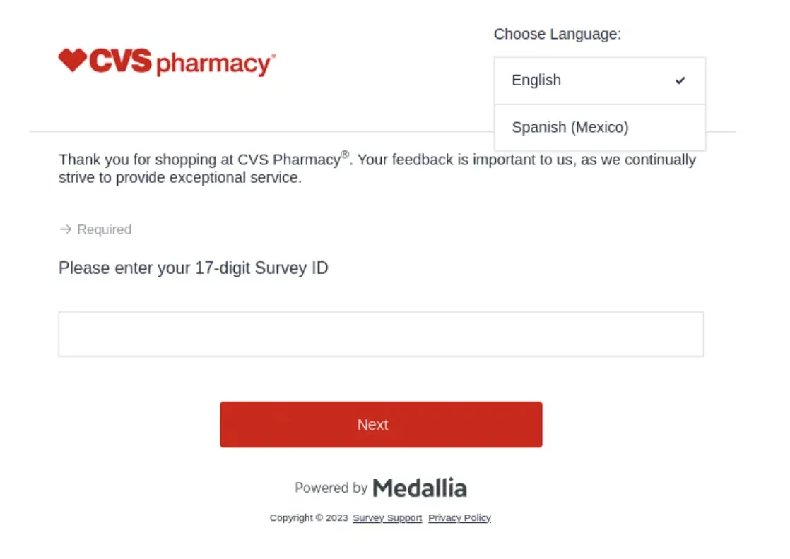 The official CVS Health Survey page asking for the 17-digit Survey ID, powered by Medallia