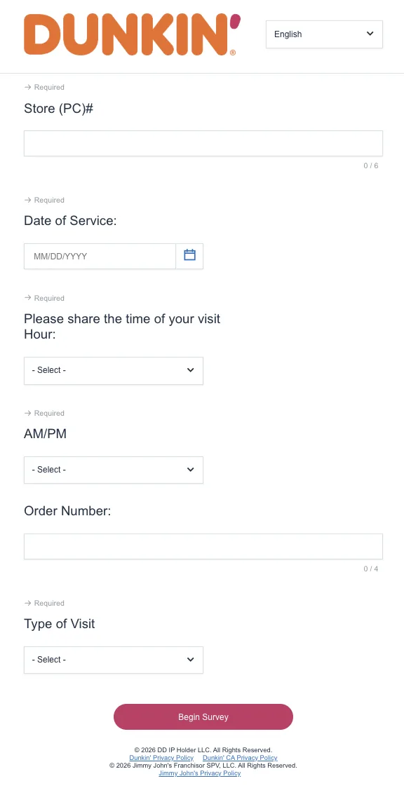 Dunkin' survey form asking for Store PC number, date of service, hour, AM or PM, order number and type of visit