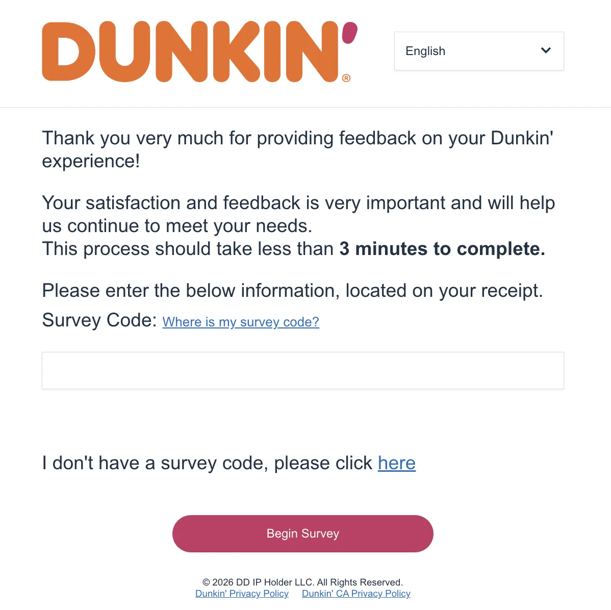DunkinRunsOnYou welcome page with the survey code box and the Begin Survey button