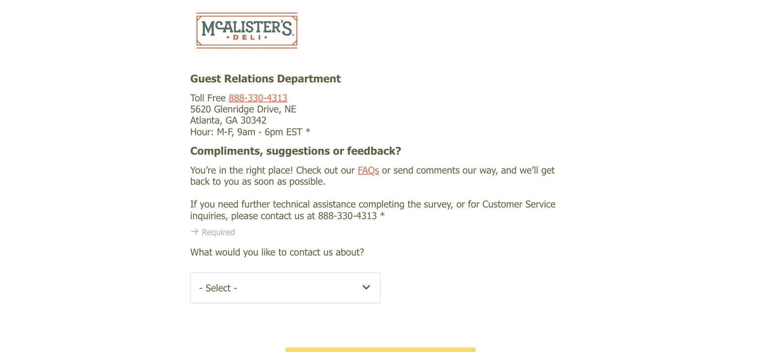 McAlister's Deli Contact Us page showing the Guest Relations phone number 888-330-4313 and the feedback topic dropdown