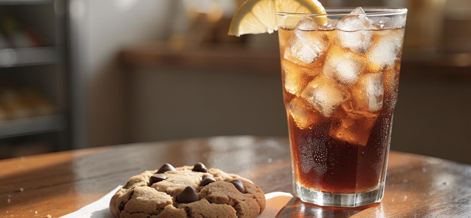 A chocolate chip cookie on a napkin beside a glass of iced sweet tea, the McAlister's Rewards 1,000 point dessert tier