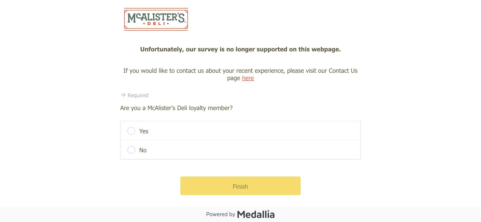 Screenshot of talktomcalisters.com redirecting to Medallia with the message that the McAlisters survey is no longer supported on this webpage
