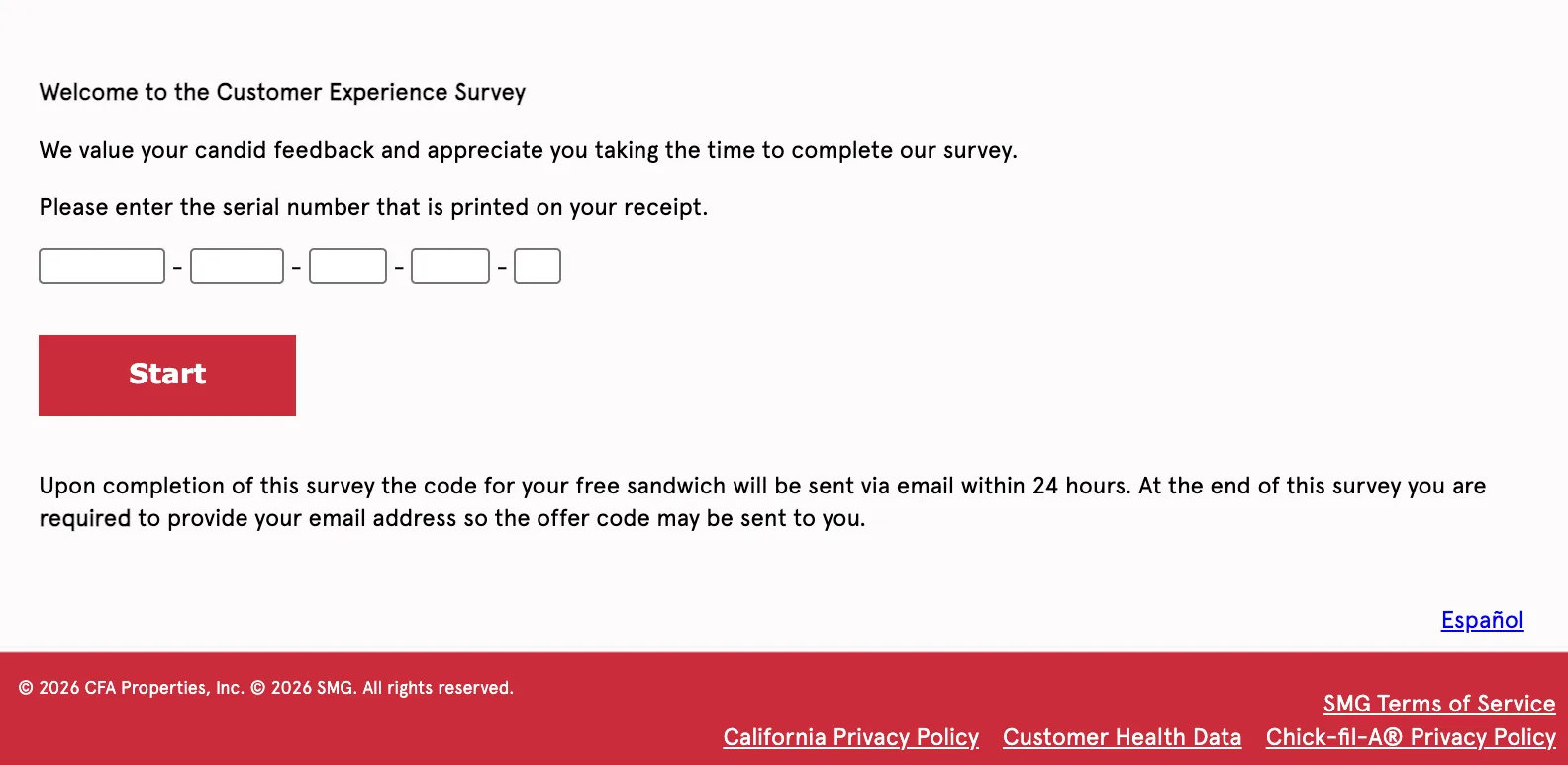 The mycfavisit.com serial number entry form with five dash-separated boxes and the red Start button