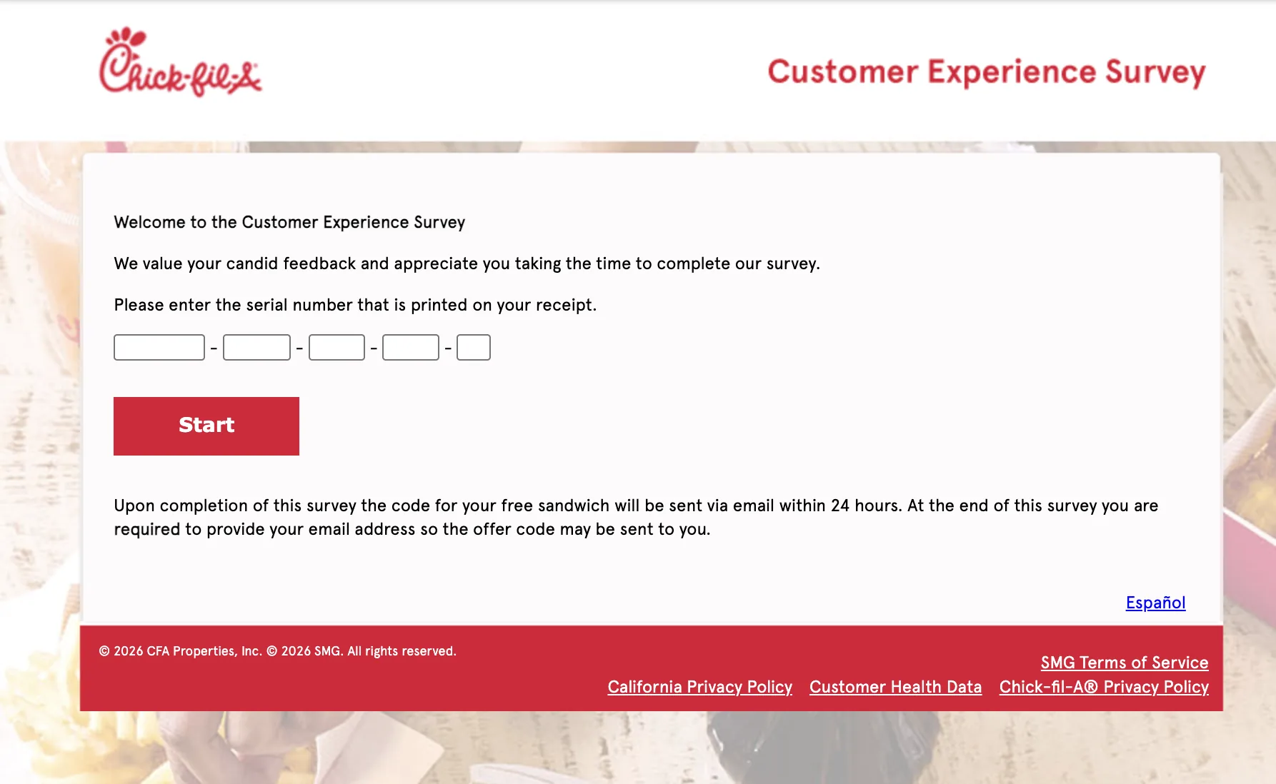 The official mycfavisit.com Customer Experience Survey start page with the Chick-fil-A logo, five serial number boxes, the Start button and the free sandwich notice