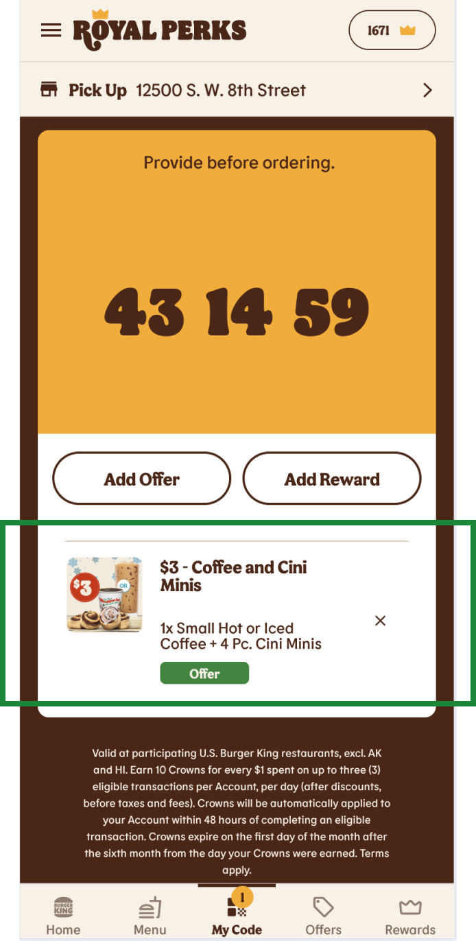 Official Burger King app My Code image showing the separate six-digit in-restaurant offer code
