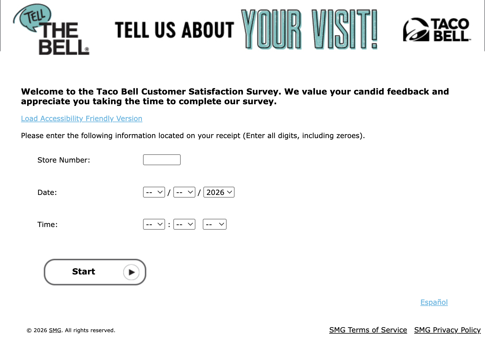 tellthebell.com survey homepage showing Store Number, Date and Time fields and the Start button
