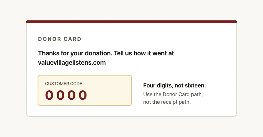 Illustration of a Value Village donor card showing the four-digit customer code used for the donation survey