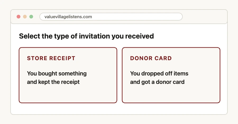 Illustration of the ValueVillageListens.com entry screen where you choose between a store receipt and a donor card