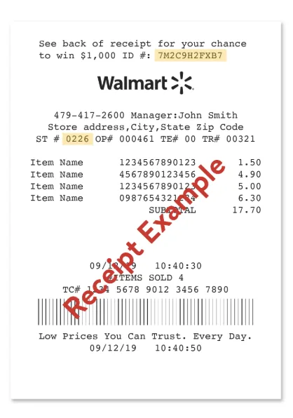 Walmart receipt example showing the ID # 7M2C9H2FXB7 highlighted at the top and the ST # 0226 highlighted below the store address