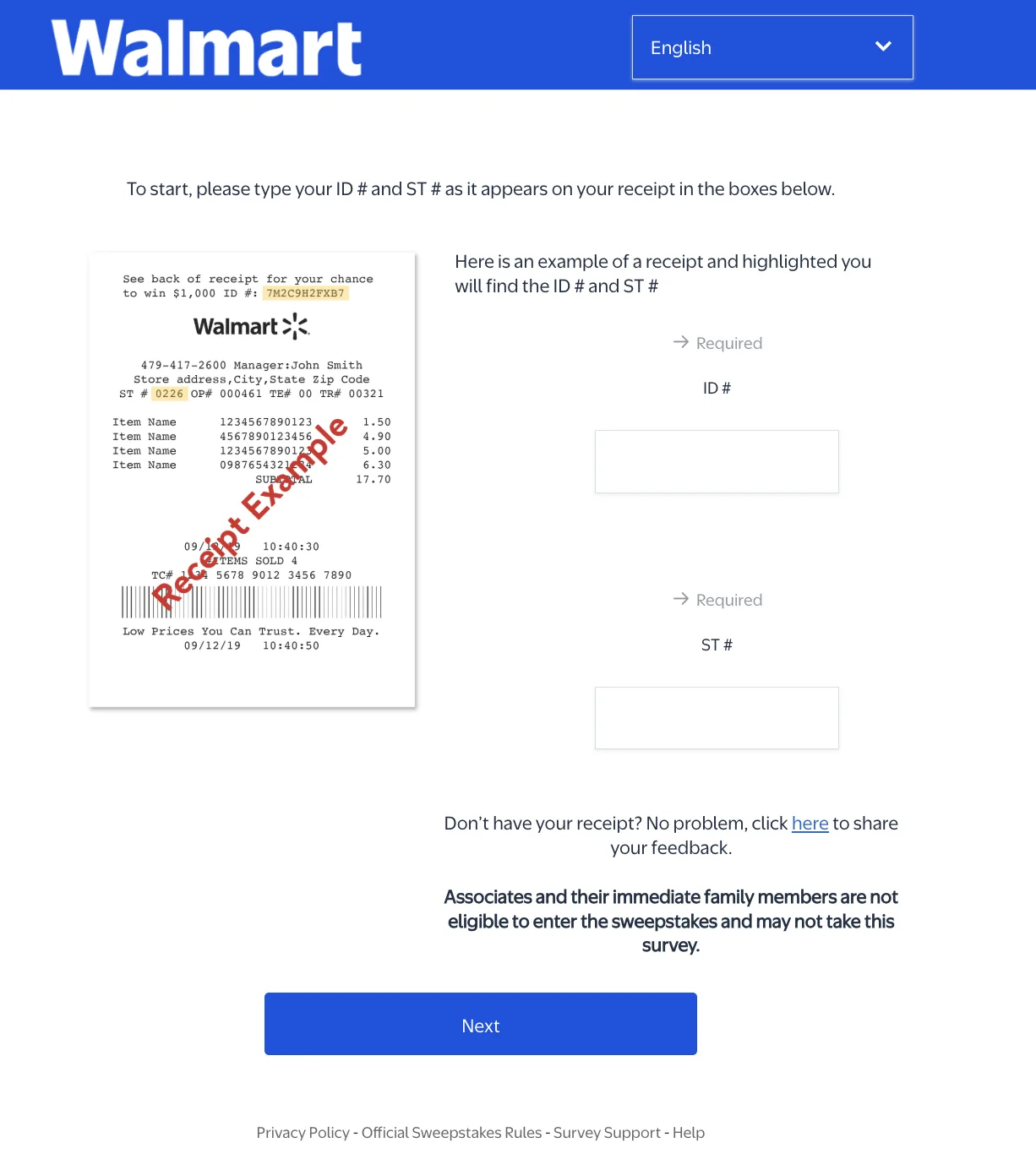 The official survey.walmart.com start page with the receipt example on the left and the ID # and ST # boxes on the right, plus the Next button